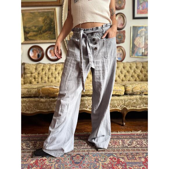 Slouch Gray Linen Wide Leg Casual Pants w Drawstring Ladies Size S/M - Picture 6 of 8